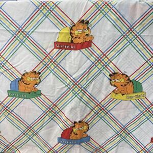 Vintage Garfield Twin Flat Sheet Plaid Cartoon Cat Kids Bedding Marlborough 90s